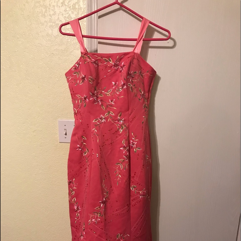 Coral embroidered and beaded size 4 prom dress